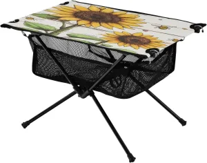 Camping Table Lightweight Portable Folding Table with Mesh Storage Net Wood Grain Sunflower Bee Ideal for Camping Hiking Beach Picnic Travel Backyard