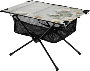 Camping Table Lightweight Portable Folding Table with Mesh Storage Net Wood Grain White Flowers Ideal for Camping Hiking Beach Picnic Travel Backyard