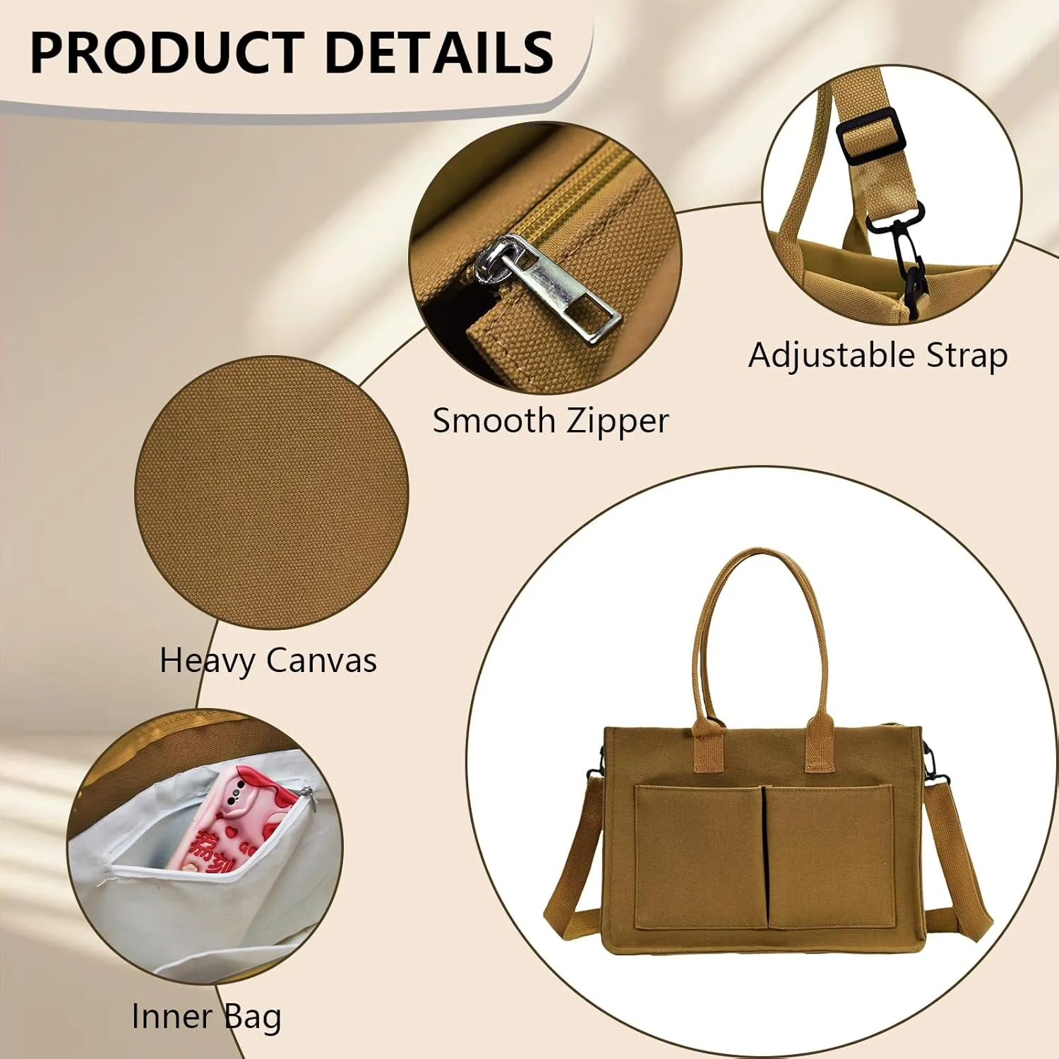 Canvas Tote Bag for Women with Pockets Crossbody Shoulder Bag Multi-Compartment Handbag for Work Travel with Zipper