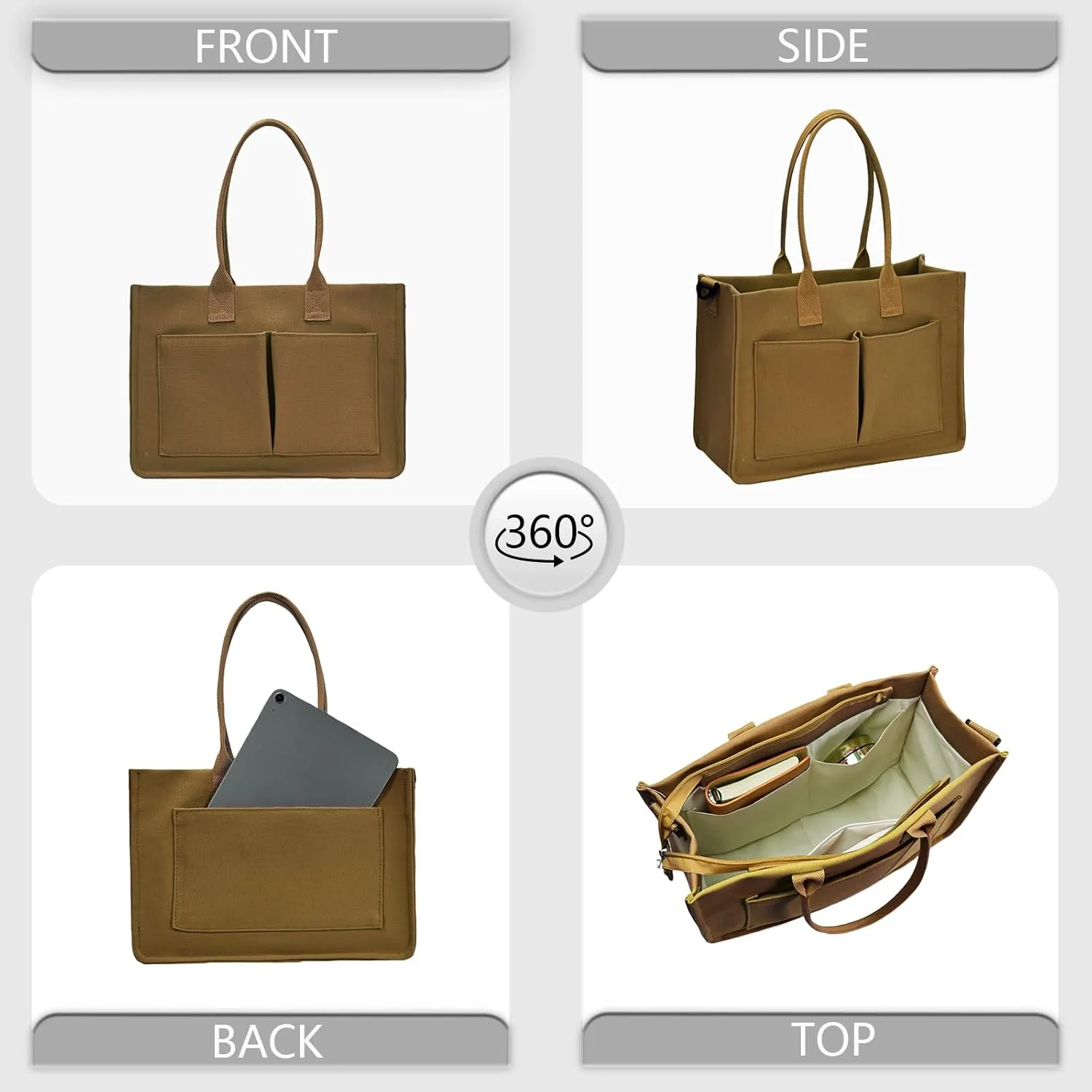 Canvas Tote Bag for Women with Pockets Crossbody Shoulder Bag Multi-Compartment Handbag for Work Travel with Zipper