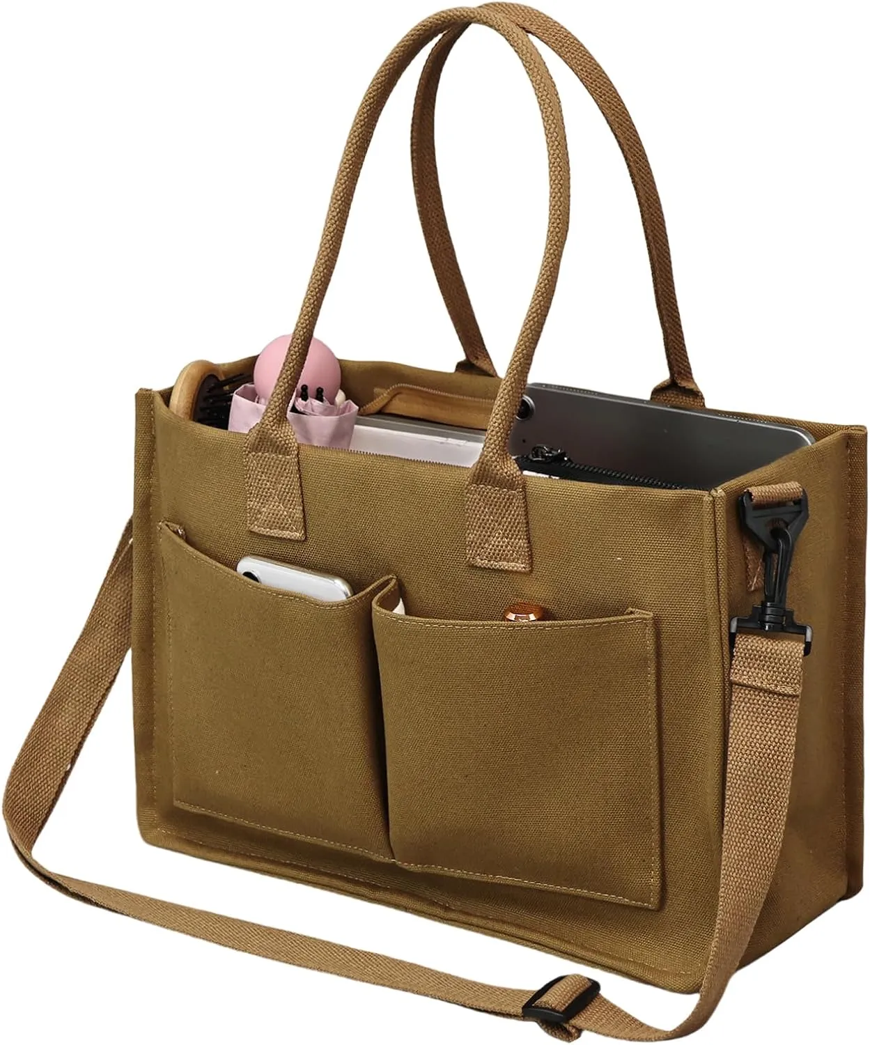 Canvas Tote Bag for Women with Pockets Crossbody Shoulder Bag Multi-Compartment Handbag for Work Travel with Zipper