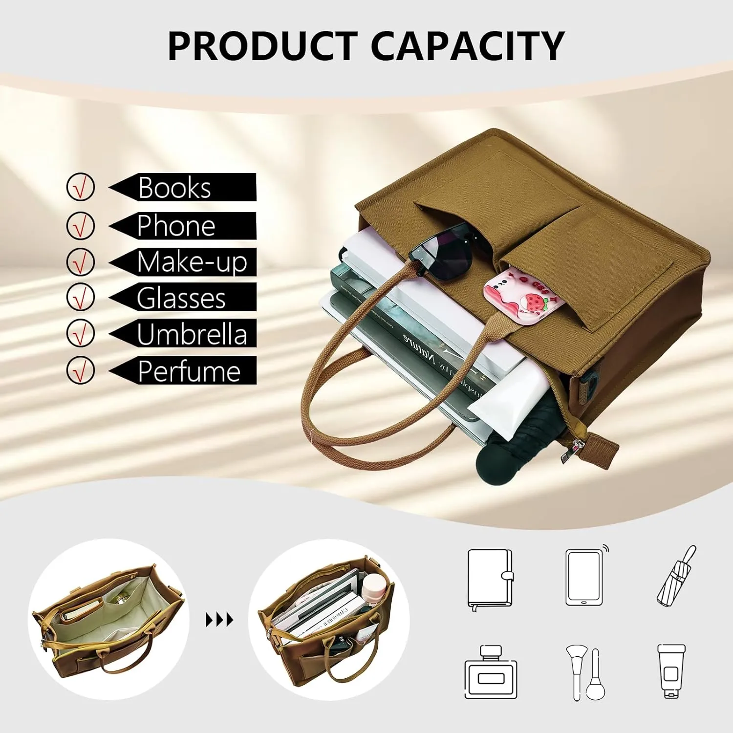 Canvas Tote Bag for Women with Pockets Crossbody Shoulder Bag Multi-Compartment Handbag for Work Travel with Zipper