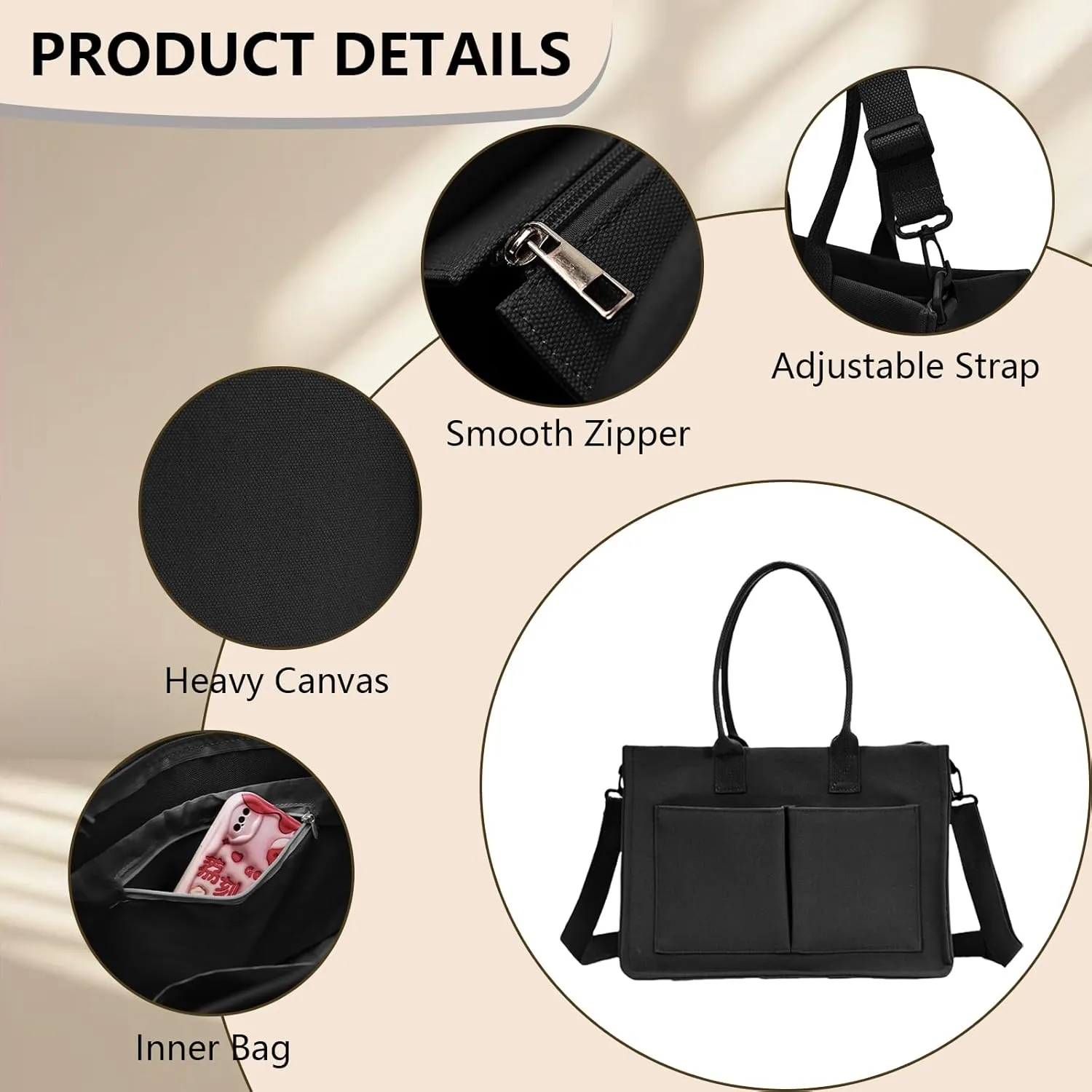Canvas Tote Bag for Women with Pockets Crossbody Shoulder Bag Multi-Compartment Handbag for Work Travel with Zipper