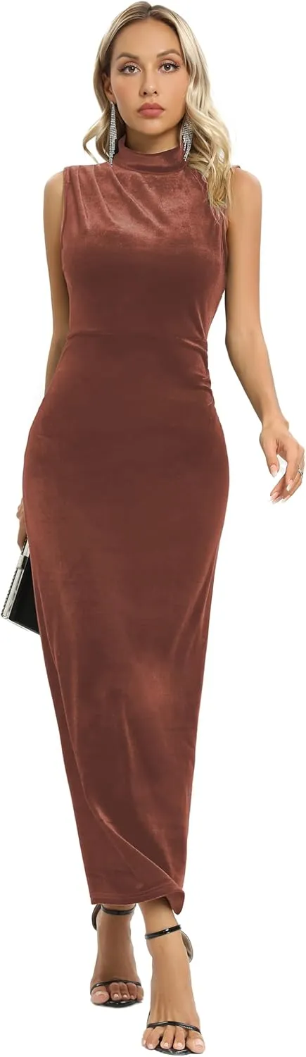 Capuffy Women Backless Velvet Maxi Dress Back Slit Ruched Bodycon Formal Dress High Neck Cocktail Party Dress 091