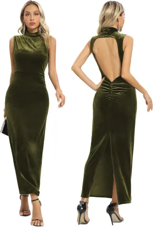 Capuffy Women Backless Velvet Maxi Dress Back Slit Ruched Bodycon Formal Dress High Neck Cocktail Party Dress 091