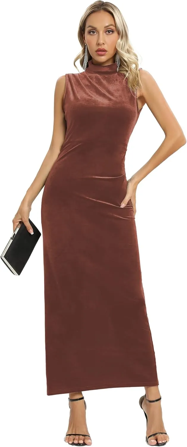 Capuffy Women Backless Velvet Maxi Dress Back Slit Ruched Bodycon Formal Dress High Neck Cocktail Party Dress 091