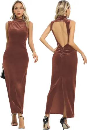 Capuffy Women Backless Velvet Maxi Dress Back Slit Ruched Bodycon Formal Dress High Neck Cocktail Party Dress 091