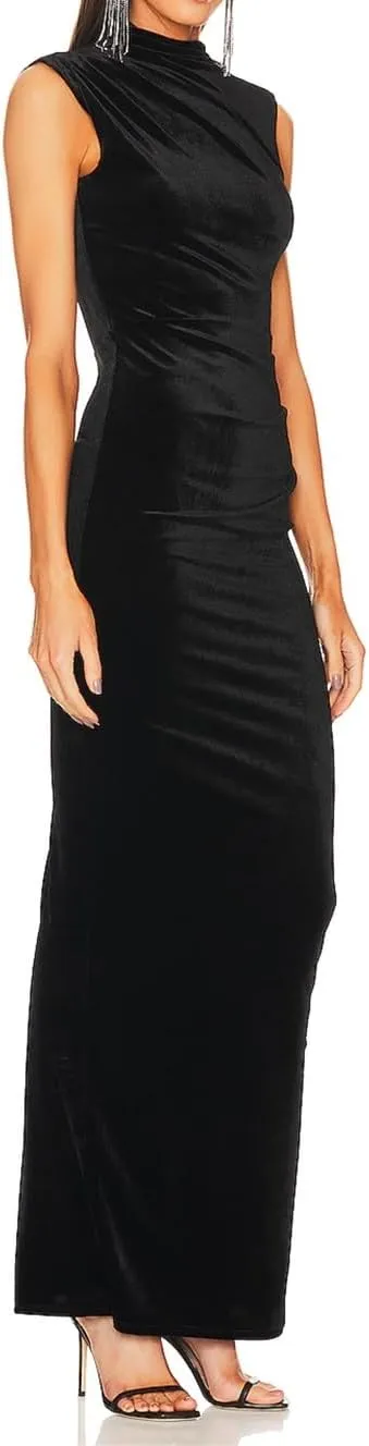 Capuffy Women Backless Velvet Maxi Dress Back Slit Ruched Bodycon Formal Dress High Neck Cocktail Party Dress 091