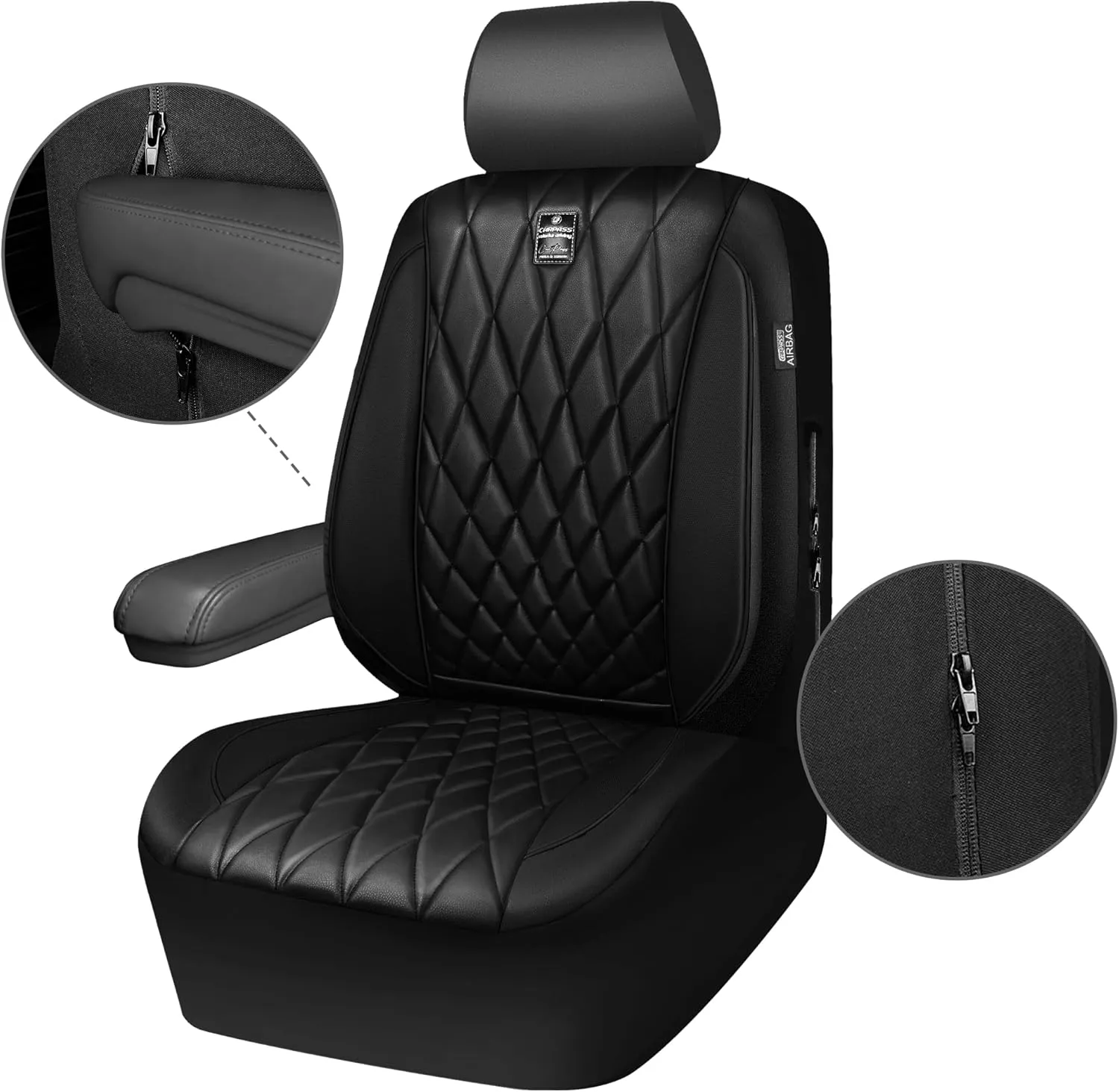 CAR PASS Piping Luxury Faux PU Leather Two Front Car Seat Covers, Waterproof Anti Slip Seat Covers Compatible with Front Seat Armrests,Universal Fit for Suvs,Vans,Trucks, Airbag Compatible(All Black)