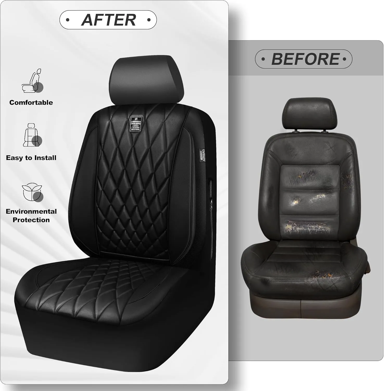 CAR PASS Piping Luxury Faux PU Leather Two Front Car Seat Covers, Waterproof Anti Slip Seat Covers Compatible with Front Seat Armrests,Universal Fit for Suvs,Vans,Trucks, Airbag Compatible(All Black)