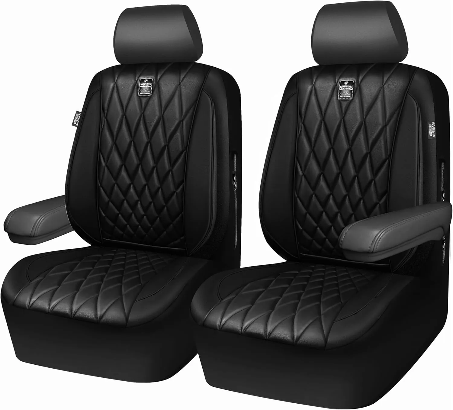 CAR PASS Piping Luxury Faux PU Leather Two Front Car Seat Covers, Waterproof Anti Slip Seat Covers Compatible with Front Seat Armrests,Universal Fit for Suvs,Vans,Trucks, Airbag Compatible(All Black)