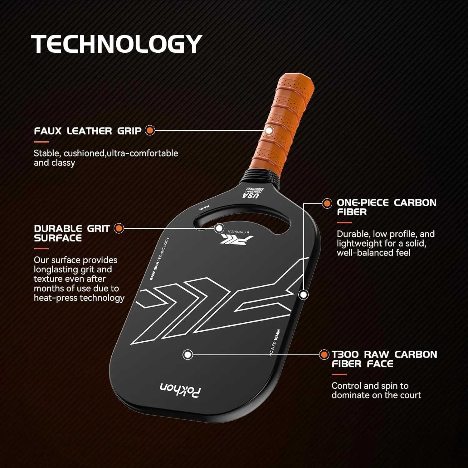 Carbon Fiber Pickleball Paddle, Professional Raw Carbon Fiber Pickleball for Power & Control, Polymer Honeycomb Core, USAPA Approved T300 Pickleball Racket
