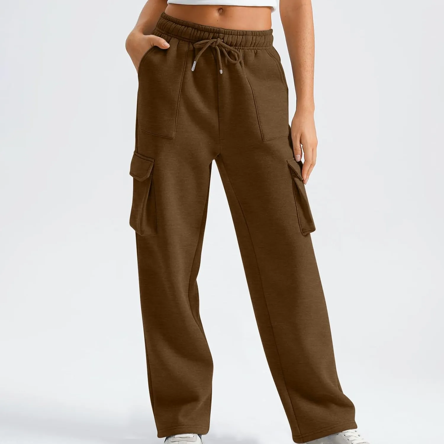 Cargo Straight Leg Pants for Women Multi Pockets Drawstring High Waisted Lounge Pants Outdoor Casual Wide Leg Pants