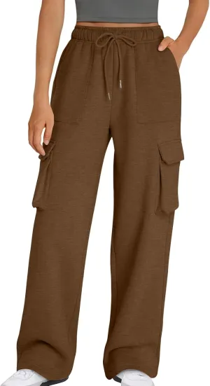 Cargo Straight Leg Pants for Women Multi Pockets Drawstring High Waisted Lounge Pants Outdoor Casual Wide Leg Pants