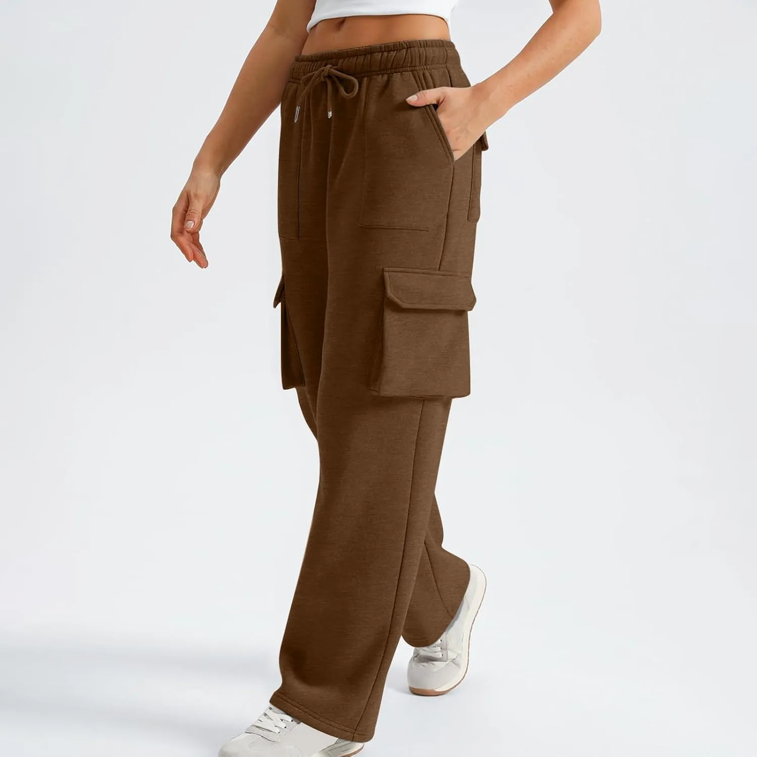 Cargo Straight Leg Pants for Women Multi Pockets Drawstring High Waisted Lounge Pants Outdoor Casual Wide Leg Pants