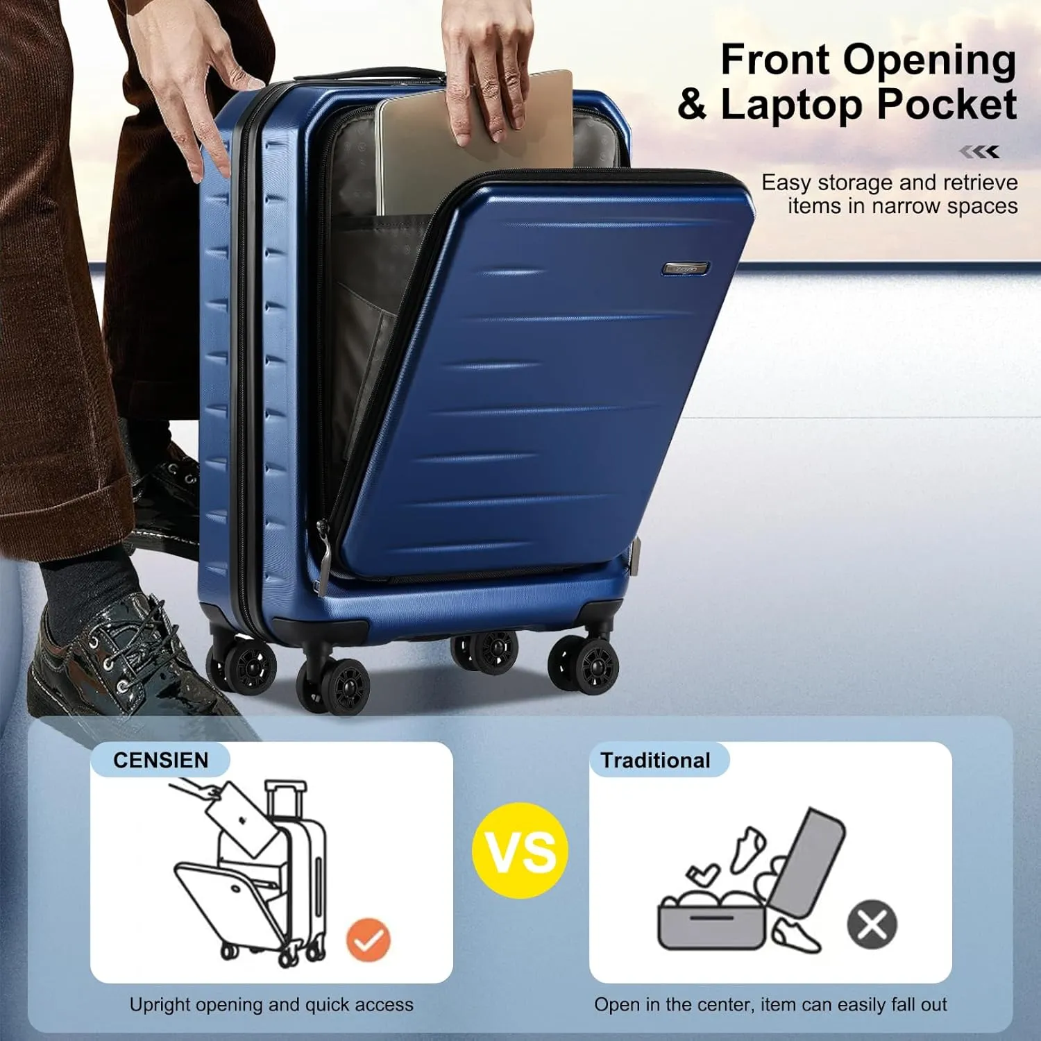 Carry On Luggage 22×14×9 Airline Approved, 20 Inch Lightweight ABS PC Hard Shell Suitcases with Front Pocket, Spinner Wheels, TSA Lock (Navy Blue, 1PC)