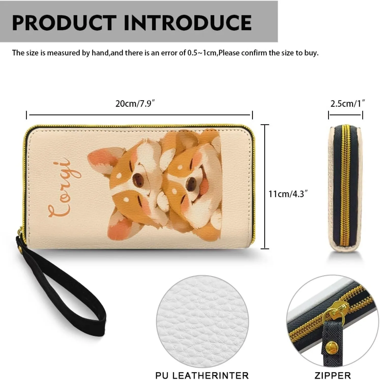 Cartoon Corgi Puppy Women's Leather Zip Around Wallet Kawaii Dog Couple Print Large Capacity Long Travel Purse with Wristlet, Beige Credit Card Holder Phone Purse, Travel