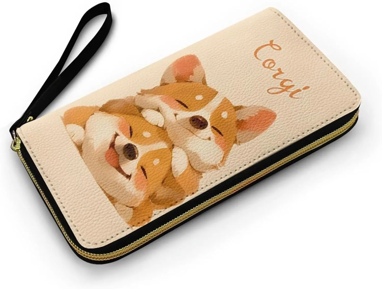 Cartoon Corgi Puppy Women's Leather Zip Around Wallet Kawaii Dog Couple Print Large Capacity Long Travel Purse with Wristlet, Beige Credit Card Holder Phone Purse, Travel