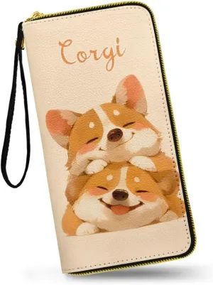 Cartoon Corgi Puppy Women's Leather Zip Around Wallet Kawaii Dog Couple Print Large Capacity Long Travel Purse with Wristlet, Beige Credit Card Holder Phone Purse, Travel