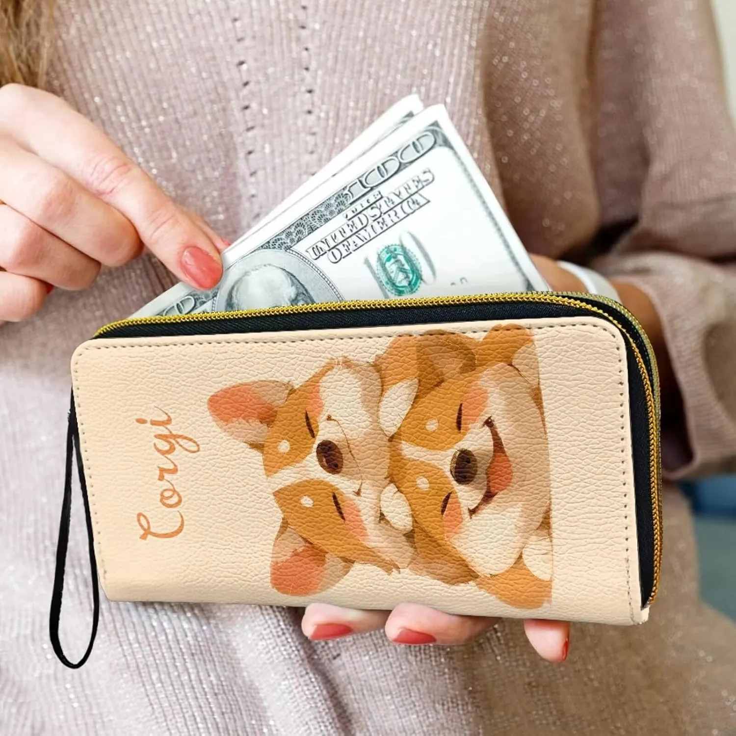 Cartoon Corgi Puppy Women's Leather Zip Around Wallet Kawaii Dog Couple Print Large Capacity Long Travel Purse with Wristlet, Beige Credit Card Holder Phone Purse, Travel