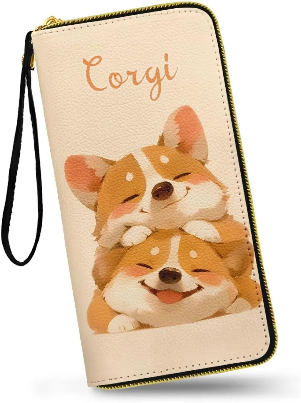 Cartoon Corgi Puppy Women's Leather Zip Around Wallet Kawaii Dog Couple Print Large Capacity Long Travel Purse with Wristlet, Beige Credit Card Holder Phone Purse, Travel