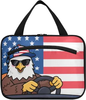 Cartoon Cute Brown Bird 4th Of July Independence Day hanging mens travel bag with hook, designer chic makeup case for traveling women gym bolsas para maquillaje de mujer L