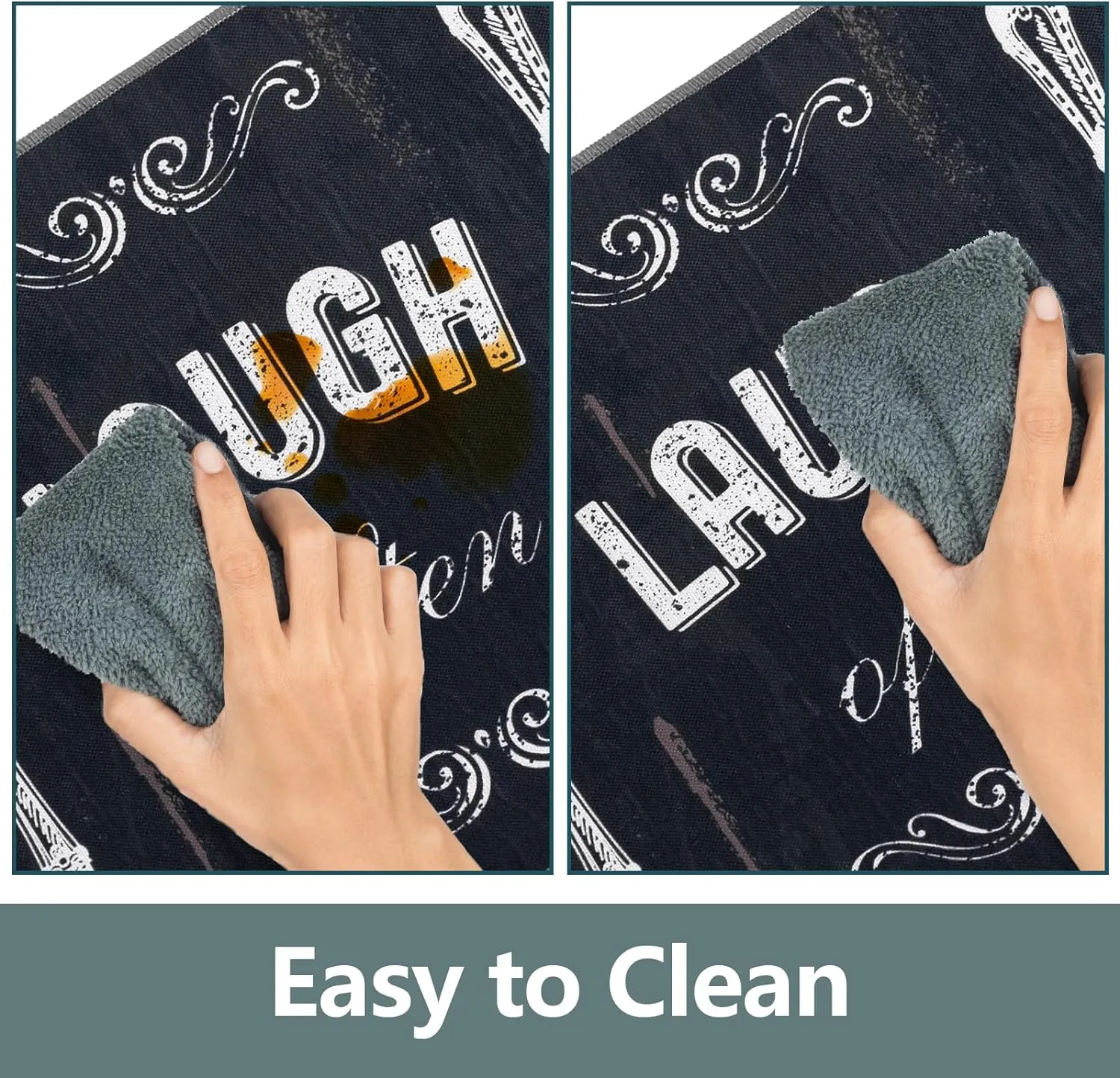 Carvapet 2 Pieces Kitchen Rug Set Non-Slip Backing Mat Throw for Kitchen Doormat Runner, Motto Design, Blackish/Dark Grey (17"x48" 17"x24")