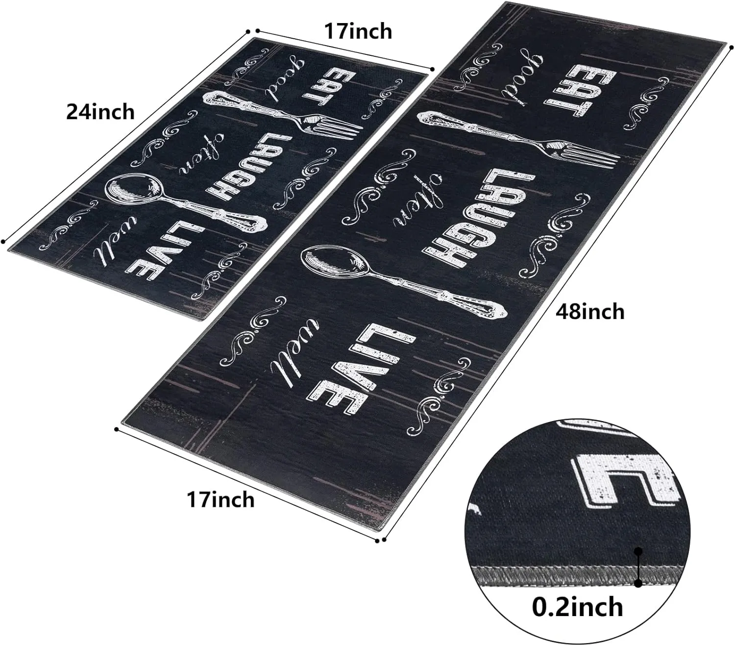 Carvapet 2 Pieces Kitchen Rug Set Non-Slip Backing Mat Throw for Kitchen Doormat Runner, Motto Design, Blackish/Dark Grey (17"x48" 17"x24")