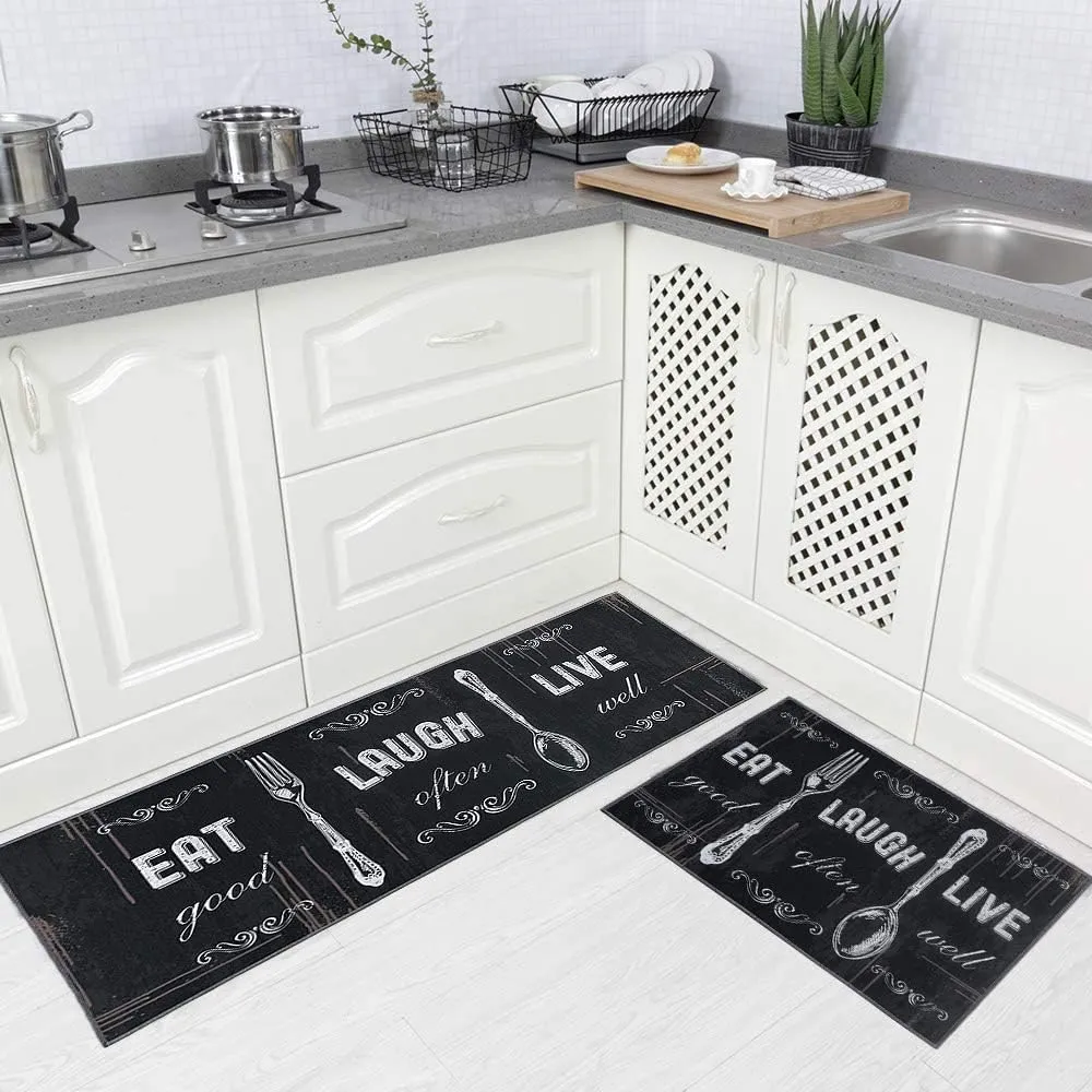 Carvapet 2 Pieces Kitchen Rug Set Non-Slip Backing Mat Throw for Kitchen Doormat Runner, Motto Design, Blackish/Dark Grey (17"x48" 17"x24")