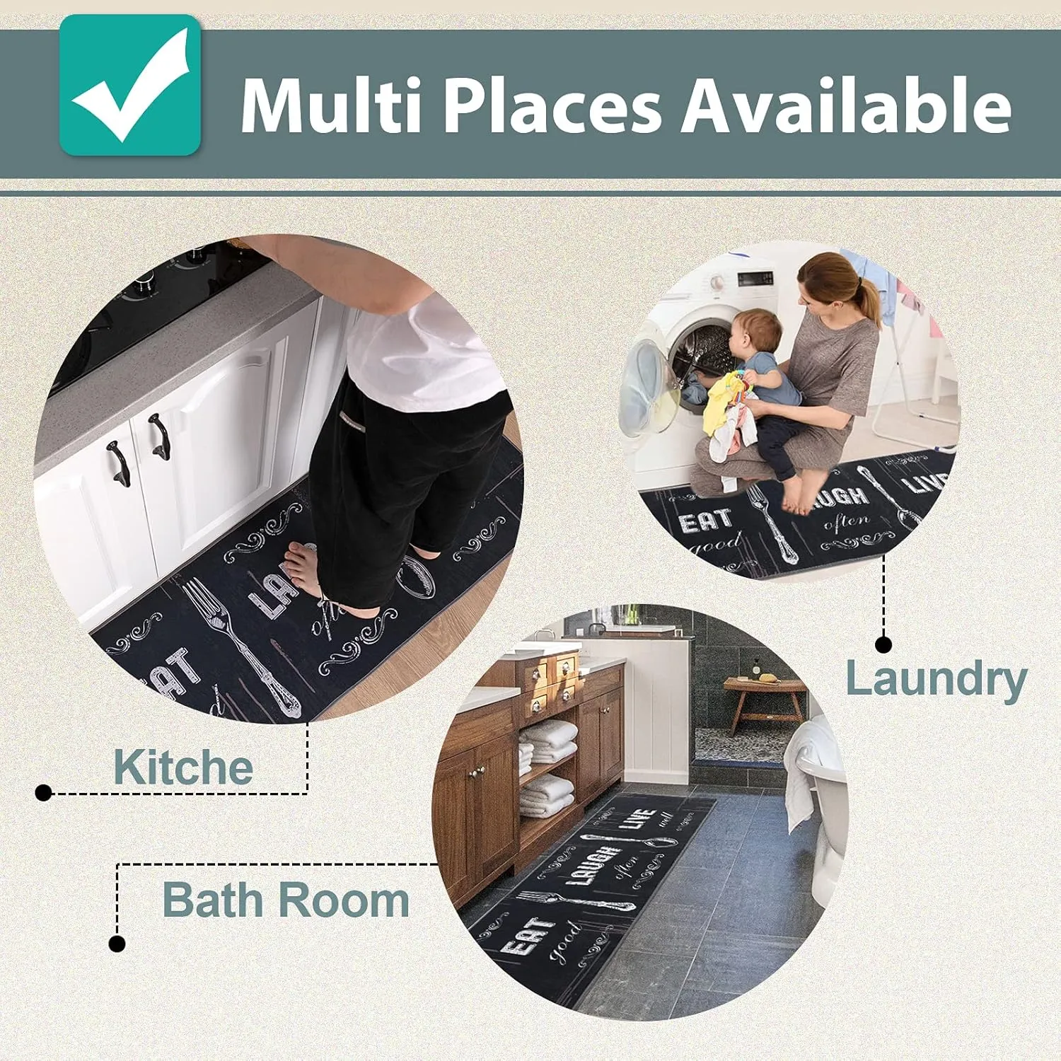 Carvapet 2 Pieces Kitchen Rug Set Non-Slip Backing Mat Throw for Kitchen Doormat Runner, Motto Design, Blackish/Dark Grey (17"x48" 17"x24")