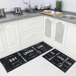 Carvapet 2 Pieces Kitchen Rug Set Non-Slip Backing Mat Throw for Kitchen Doormat Runner, Motto Design, Blackish/Dark Grey (17"x48" 17"x24")