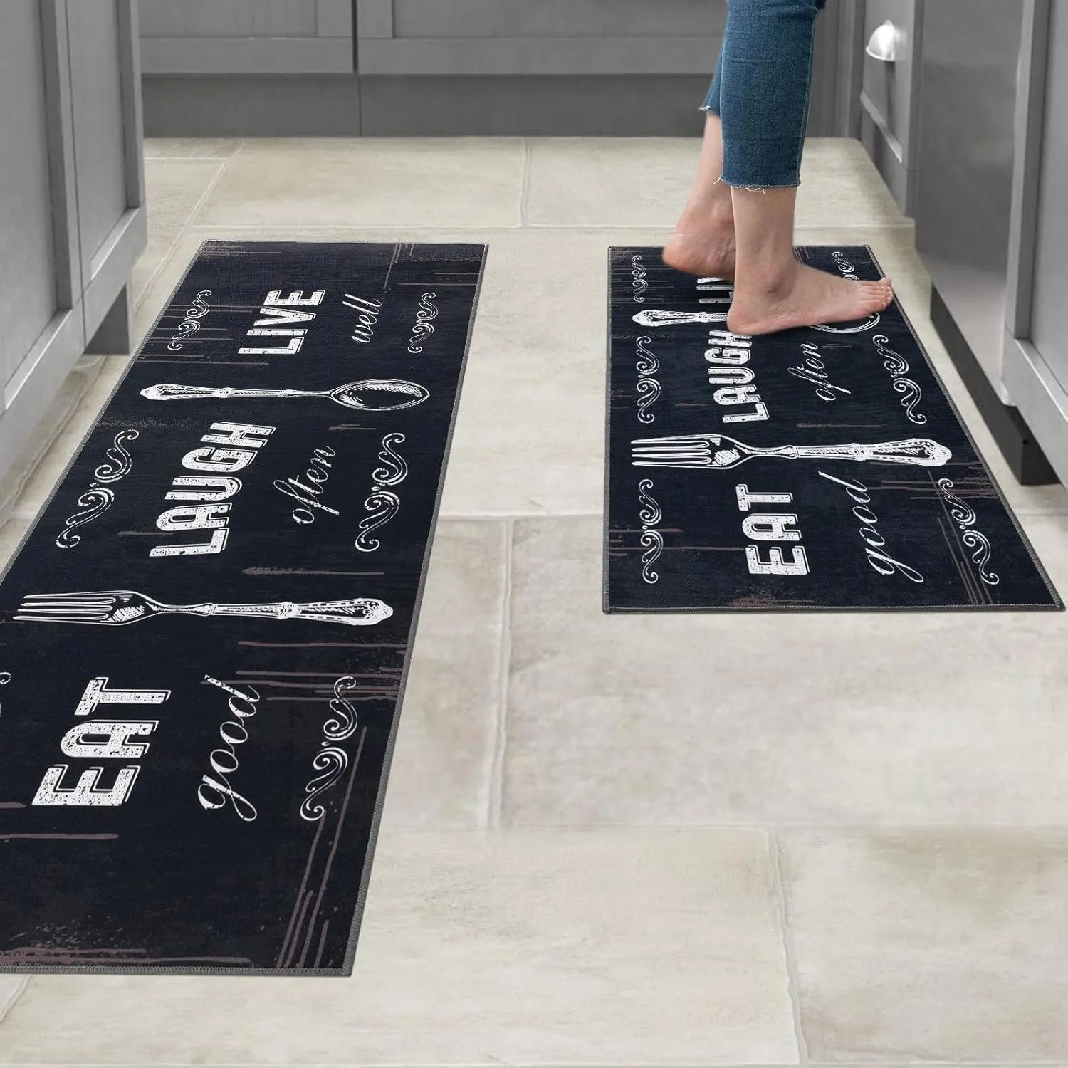 Carvapet 2 Pieces Kitchen Rug Set Non-Slip Backing Mat Throw for Kitchen Doormat Runner, Motto Design, Blackish/Dark Grey (17"x48" 17"x24")