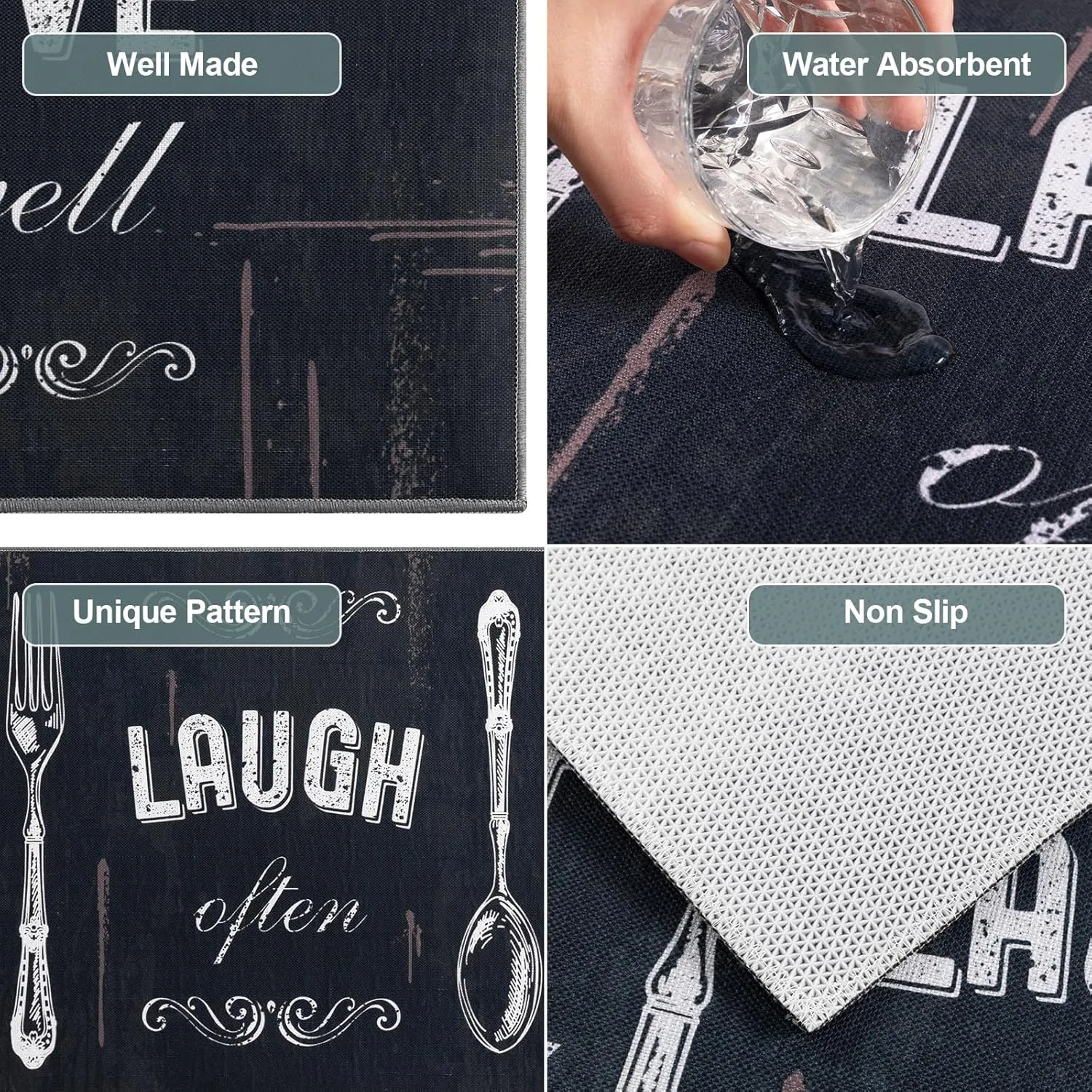 Carvapet 2 Pieces Kitchen Rug Set Non-Slip Backing Mat Throw for Kitchen Doormat Runner, Motto Design, Blackish/Dark Grey (17"x48" 17"x24")
