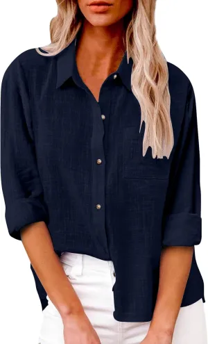 Casual Button Down Shirts for Women Long Sleeve Blouse Loose Fit Lightweight Summer Fall Trending Linen Tops
