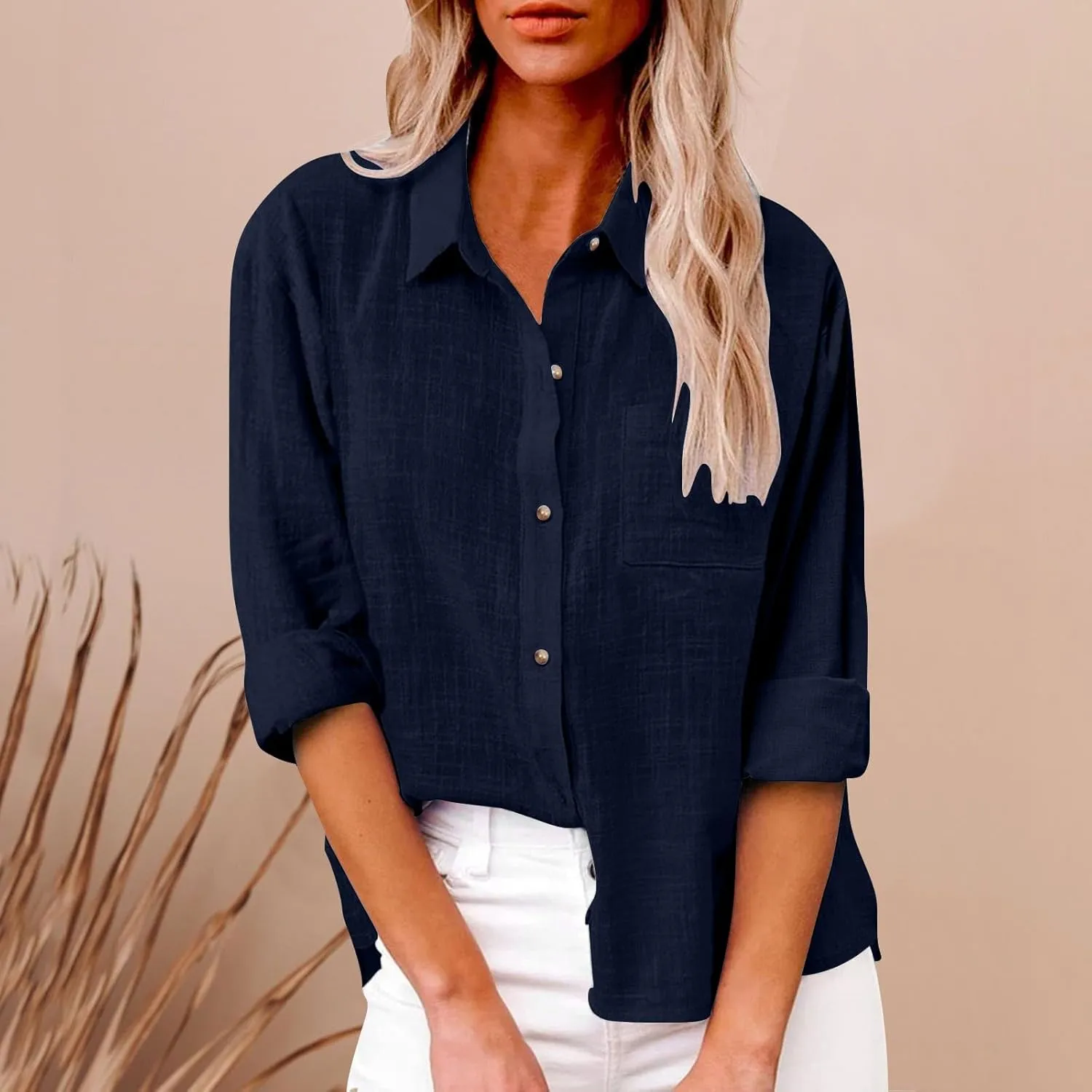 Casual Button Down Shirts for Women Long Sleeve Blouse Loose Fit Lightweight Summer Fall Trending Linen Tops
