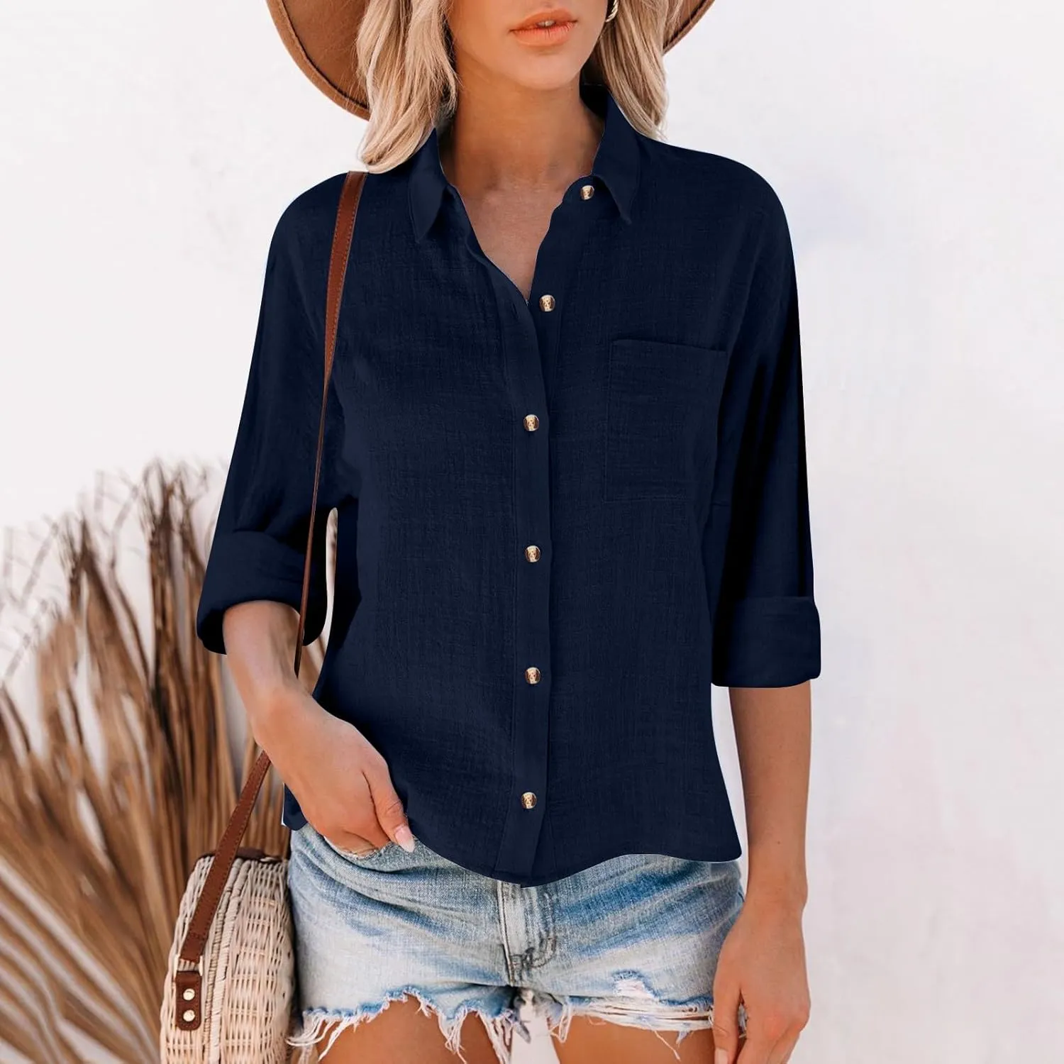 Casual Button Down Shirts for Women Long Sleeve Blouse Loose Fit Lightweight Summer Fall Trending Linen Tops