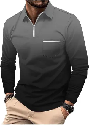 Casual Long Sleeve Polo Shirts for Men 2024 Long Sleeve Zipper Golf t-Shirt Gradient Color Basic Tees Pullover Tops