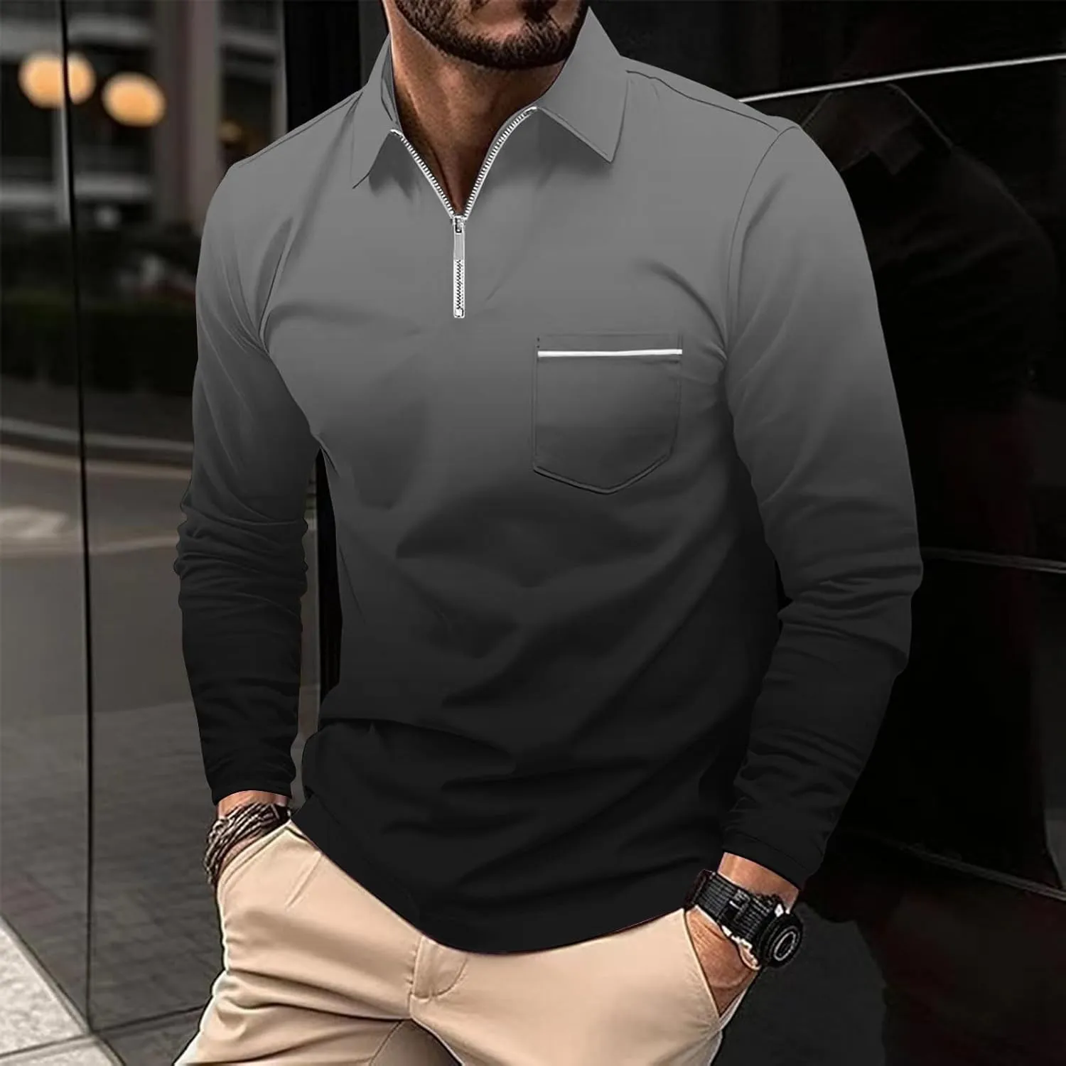Casual Long Sleeve Polo Shirts for Men 2024 Long Sleeve Zipper Golf t-Shirt Gradient Color Basic Tees Pullover Tops