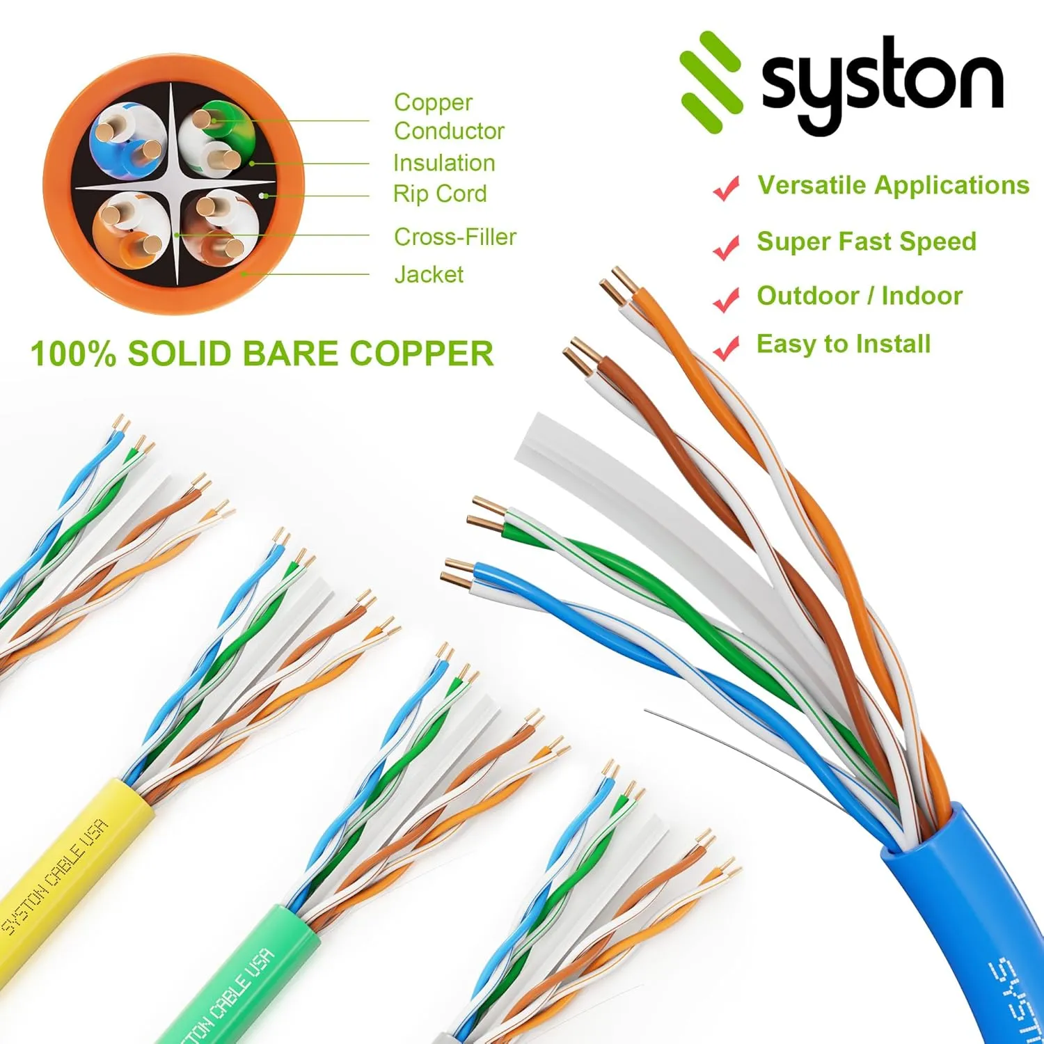 Cat 6A  Ethernet Network Cable，700MHz 23AWG Solid Bare Copper Wire Outdoor/Indoor, No Ends 100/250/500/1000 Ft Available, Heat Resistant Riser Rated (100 FT, CMR, Blue-CMR)