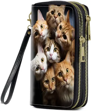 Cats Print Women Large Capacity Wallet PU Leather Double Zipper Clutch Purse for Smart Phone/Card/Coin/Cash