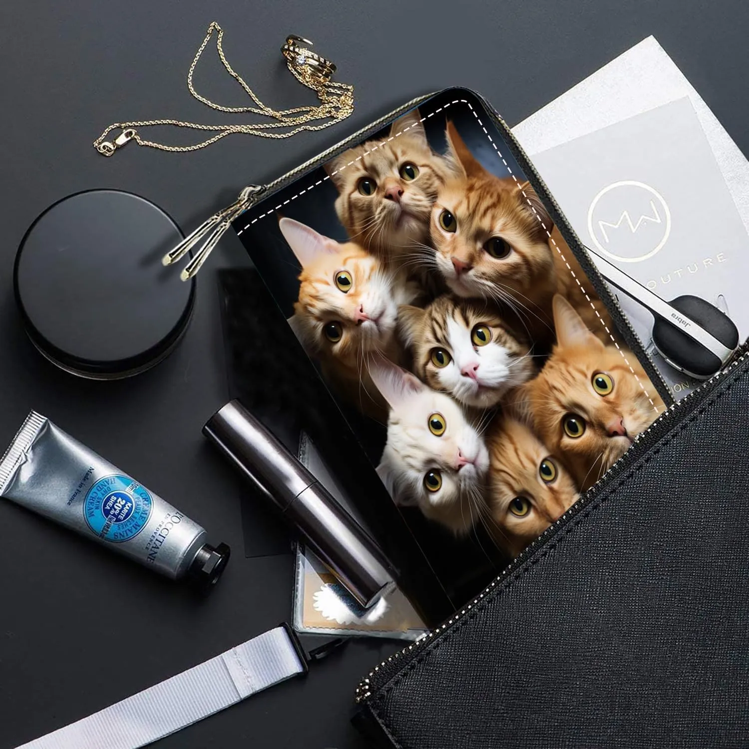 Cats Print Women Large Capacity Wallet PU Leather Double Zipper Clutch Purse for Smart Phone/Card/Coin/Cash