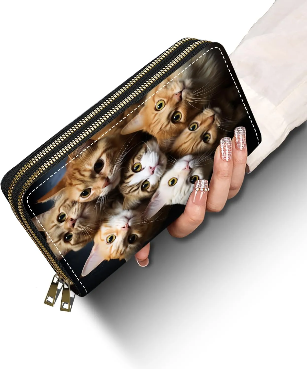 Cats Print Women Large Capacity Wallet PU Leather Double Zipper Clutch Purse for Smart Phone/Card/Coin/Cash