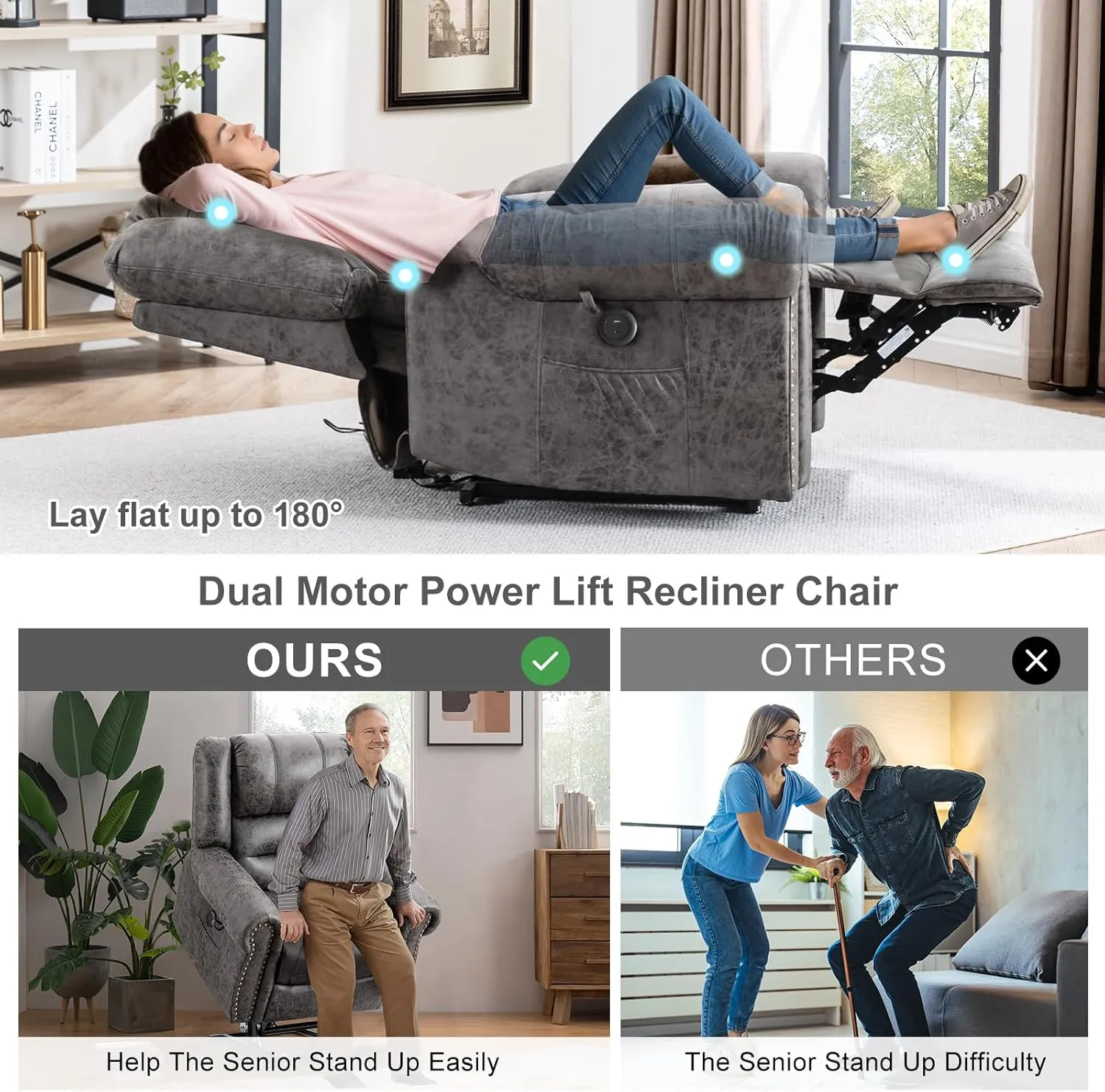 CDCASA Dual Motor Lay Flat Lift Chairs Recliners for Elderly with Massage and Heat, Breathable Leather Infinite Position Large Sleeping Electric Power Lift Chair Recliner for Seniors, Grey