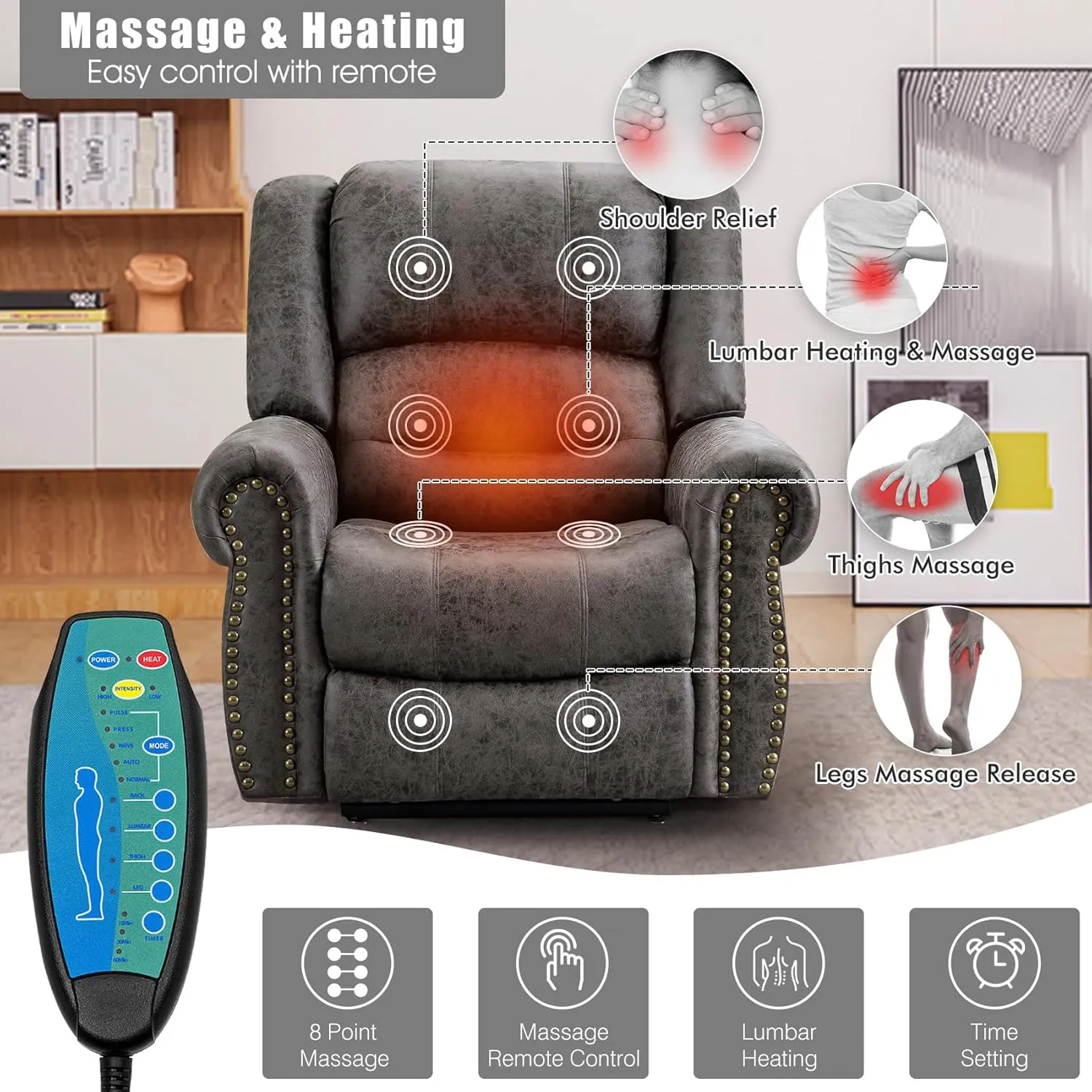 CDCASA Dual Motor Lay Flat Lift Chairs Recliners for Elderly with Massage and Heat, Breathable Leather Infinite Position Large Sleeping Electric Power Lift Chair Recliner for Seniors, Grey