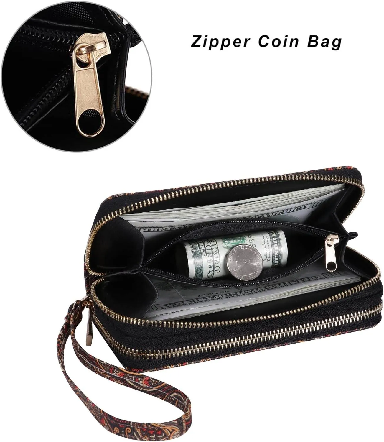 Cellphone Wallet for Women Dual Zipper Long Purse with Removable Wristlet