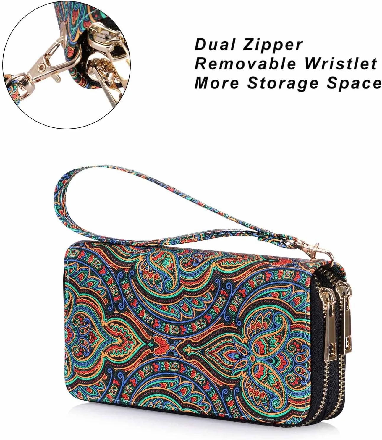 Cellphone Wallet for Women Dual Zipper Long Purse with Removable Wristlet