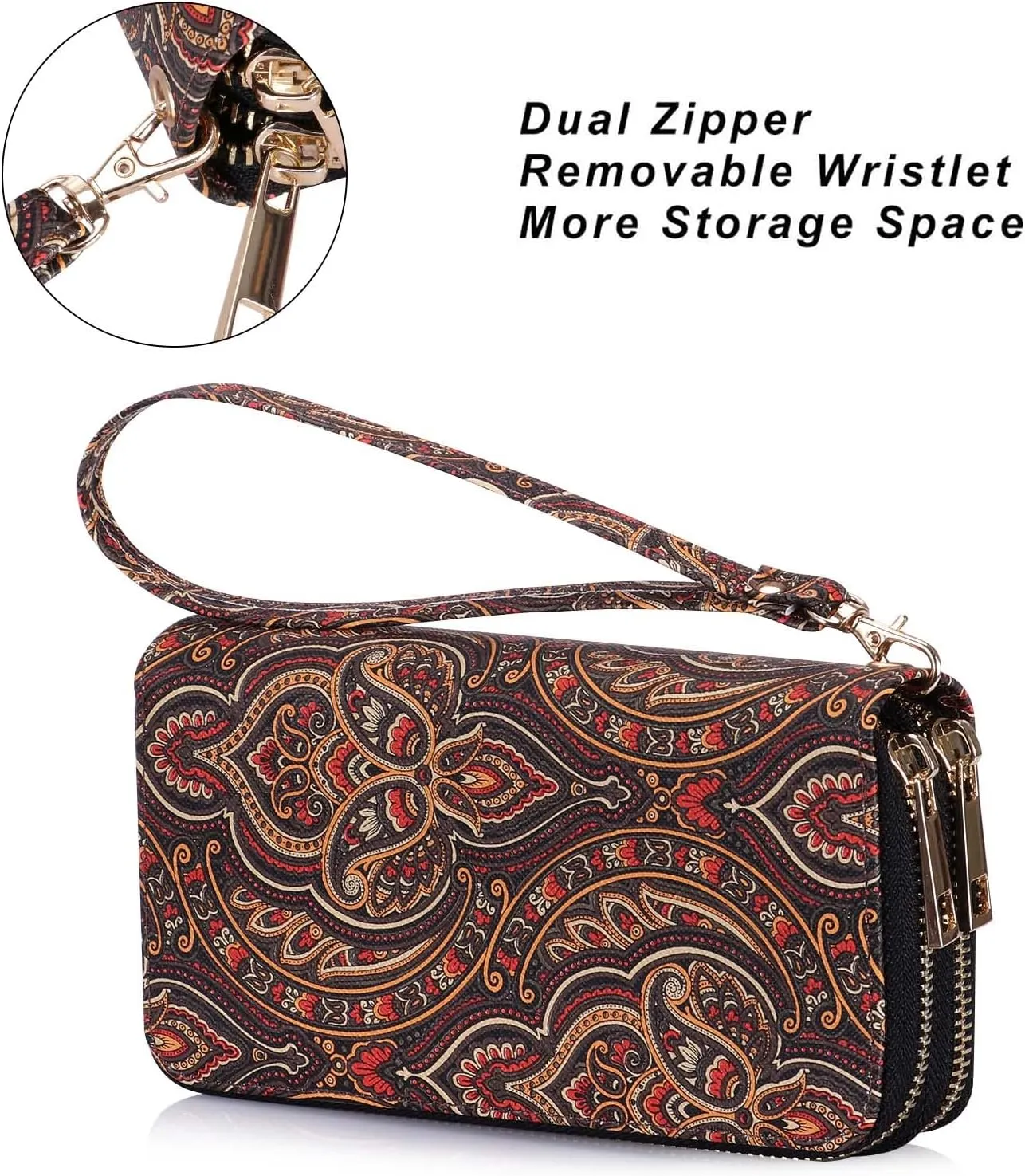 Cellphone Wallet for Women Dual Zipper Long Purse with Removable Wristlet