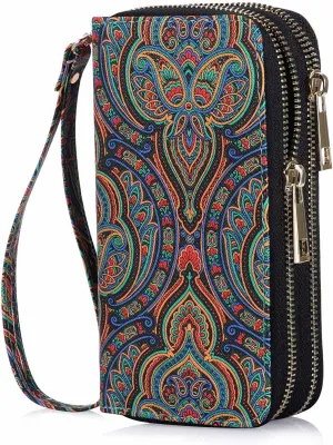 Cellphone Wallet for Women Dual Zipper Long Purse with Removable Wristlet