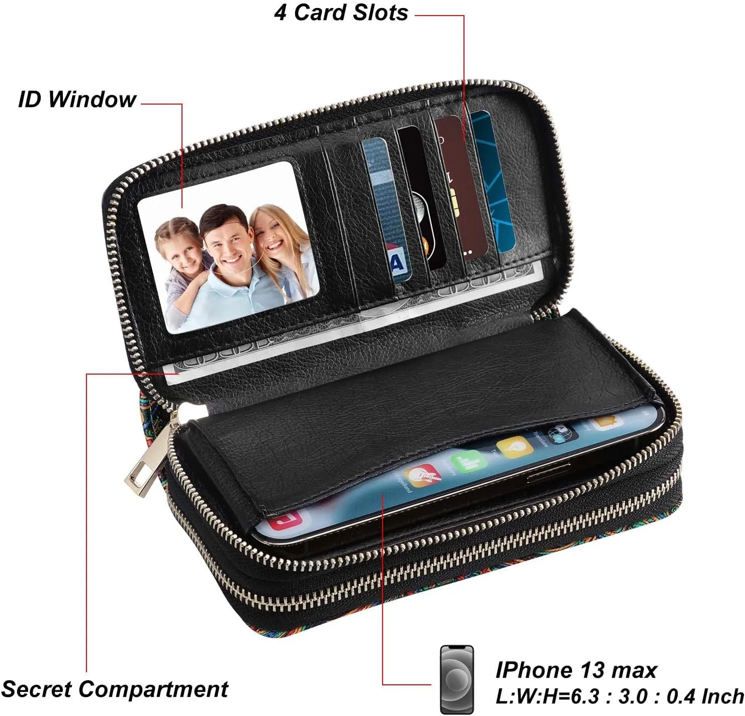 Cellphone Wallet for Women Dual Zipper Long Purse with Removable Wristlet
