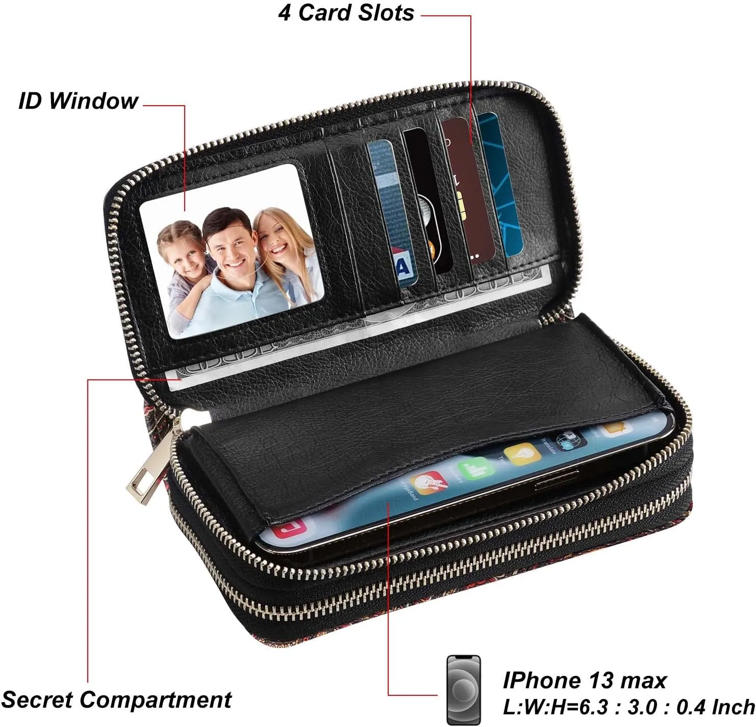Cellphone Wallet for Women Dual Zipper Long Purse with Removable Wristlet